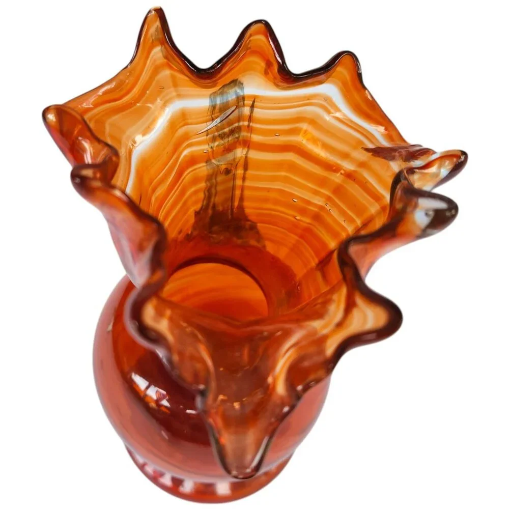 Vintage Fenton Orange Swirl Ruffled Fluted Pitcher Vase 7” x 3” Blue Tint Handle